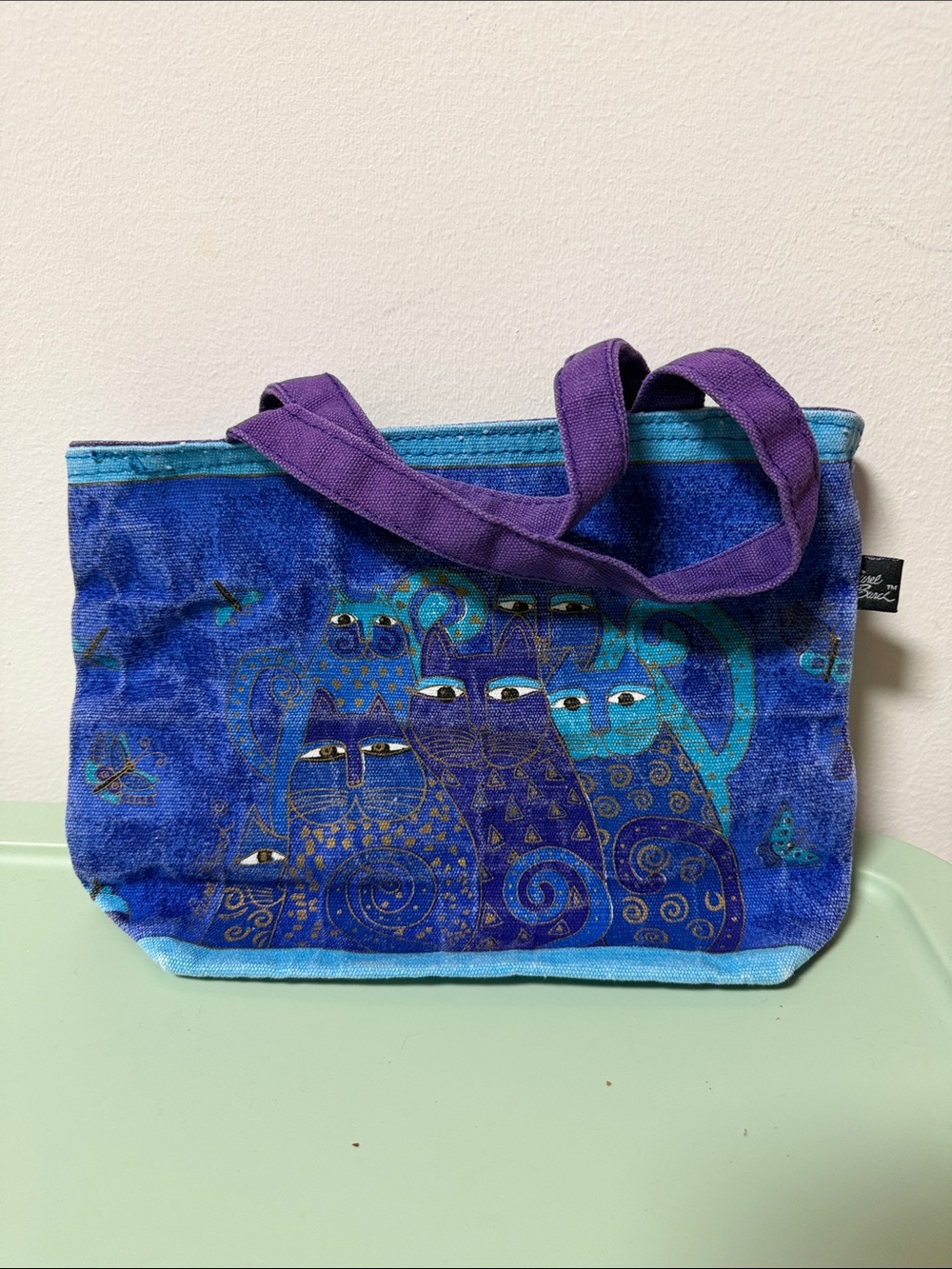 Laurel Burch Purple and Teal Cat Canvas Tote